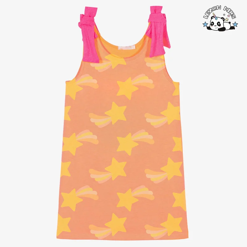 LEZONKIDS - Vestido de verão sem manga para meninas, padrão de algodão, laranja, comprimento do joelho